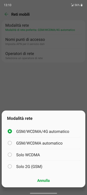 Seleziona GSM/WCDMA automatico per abilitare 3G e GSM/WCDMA/4G automatico per abilitare 4G