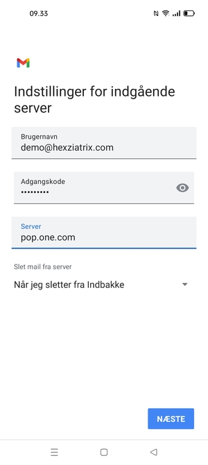 Indtast Brugernavn og indgående serveradresse. Vælg NÆSTE