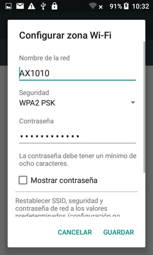 Introduzca una contraseña de punto de acceso Wi-Fi de al menos 8 caracteres y seleccione GUARDAR