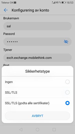 Velg SSL/TLS (godta alle sertifikater)