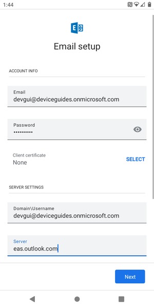 Enter Username and Exchange server address. Select Next