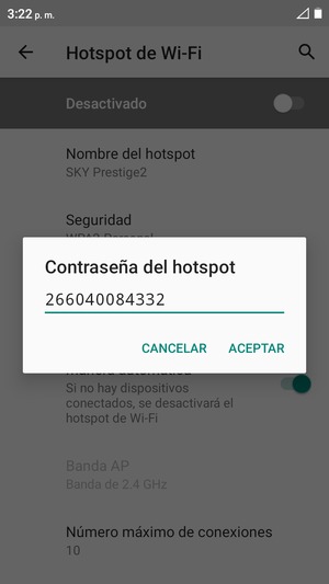 Introduzca una contraseña de punto de acceso Wi-Fi de al menos 8 caracteres y seleccione ACEPTAR