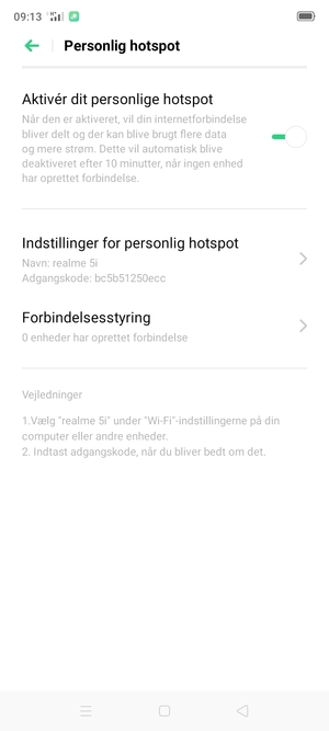 Din telefon er nu sat op til brug som modem