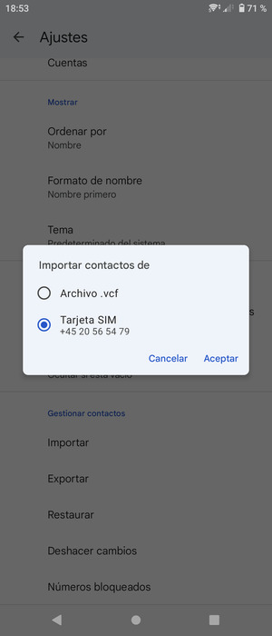 Seleccione Tarjeta SIM y Aceptar