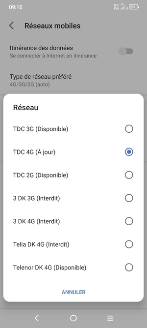 Sélectionnez un opérateur réseau dans la liste