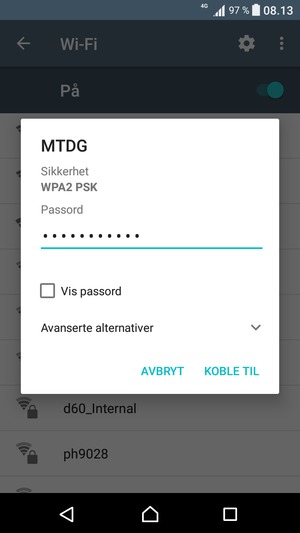 Skriv inn Wi-Fi-passord og velg KOBLE TIL