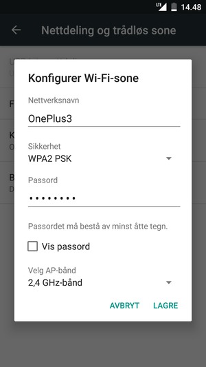 Skriv inn et Wi-Fi hotspot-passord på minst 8 tegn og velg LAGRE