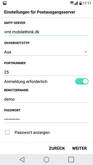 Geben Sie die Server-Adresse für ausgehende Post ein