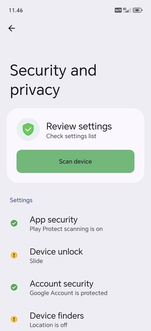 To activate your screen lock, go to the Security and privacy menu and select Device unlock
