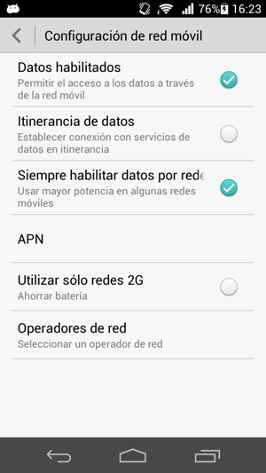 Si la pantalla tiene este aspecto, desmarque la opción Utilizar sólo redes 2G para habilitar 3G