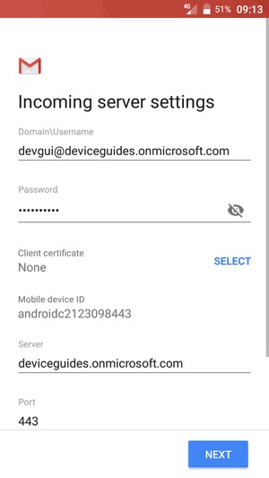 Enter Username and Exchange server address. Select NEXT