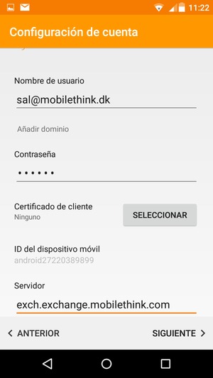 Introduzca Nombre de usuario y la dirección de servidor Exchange. Seleccione SIGUIENTE
