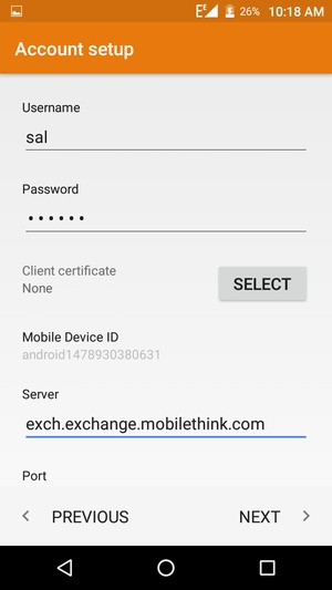 Enter Username and Exchange server address. Select NEXT