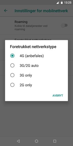 Velg ønsket alternativ
