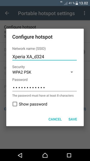 Enter a Wi-Fi hotspot password of at least 8 characters and select SAVE