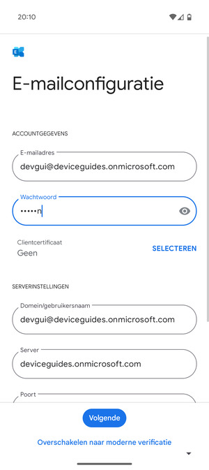 Voer Gebruikersnaam en Exchange serveradres in. Selecteer Volgende