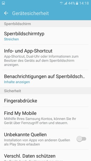 Um Ihre Bildschirmsperre zu aktivieren, gehen Sie zum Gerätesicherheit Menü und wählen Sie  Sperrbildschirmtyp