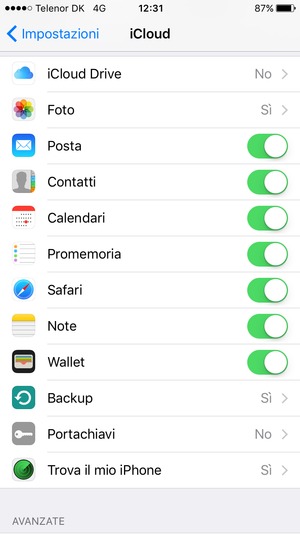 Seleziona i servizi per i quali desideri eseguire il backup