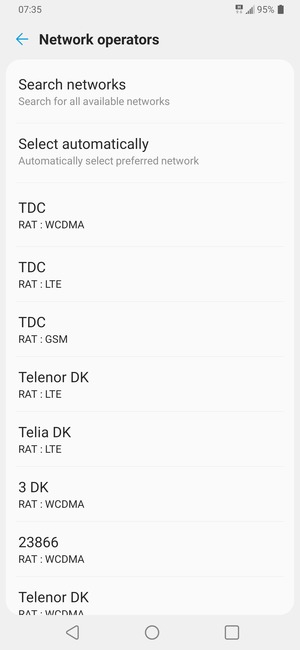 Select a network operator from the list