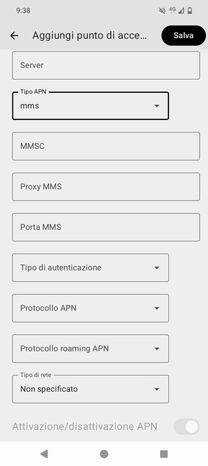 Scorri verso il basso e inserisci le informazioni degli MMS