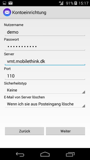 Geben Sie Nutzername und die Server-Adresse für eingehende Post ein. Wählen Sie Weiter
