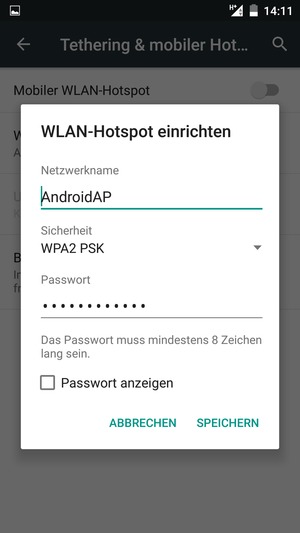 Geben Sie eine WLAN-Hotspot-Passwort mit mindestens 8 Zeichen ein und wählen Sie SPEICHERN