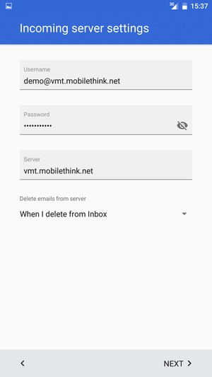 Enter Username and Incoming server address. Select NEXT