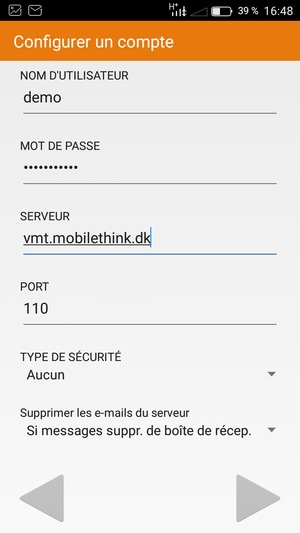 Saisissez votre Nom d'utilisateur et l'adresse du serveur Entrant. Sélectionnez SUIVANT