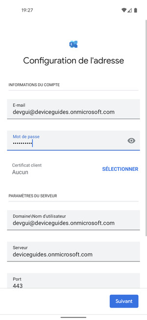 Saisissez votre Nom d'utilisateur et l'adresse du serveur Exchange. Sélectionnez Suivant
