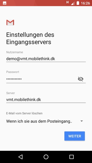 Geben Sie Benutzername und die Server-Adresse für eingehende Post ein. Wählen Sie WEITER