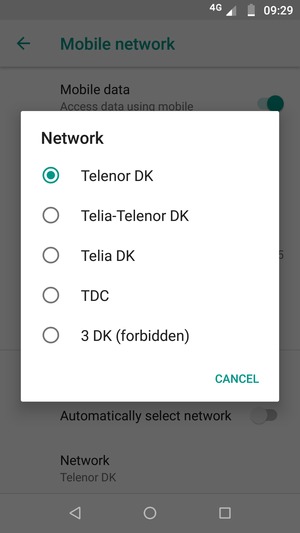 Select a network operator from the list