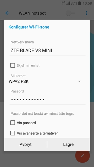 Skriv inn et Wi-Fi hotspot-passord på minst 8 tegn og velg Lagre