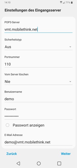 Geben Sie Eingehende Server-Adresse und Benutzername ein. Wählen Sie Weiter