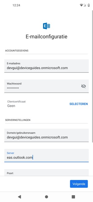 Voer Gebruikersnaam en Exchange serveradres in. Selecteer Volgende