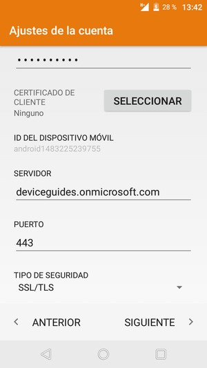 Desplácese hacia abajo e introduzca la dirección del servidor Exchange