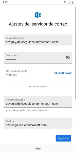 Introduzca Siguiente y la dirección de servidor Exchange. Seleccione SIGUIENTE