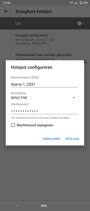 Voer een wachtwoord van een WiFi-hotspot in van ten minste 8 tekens en selecteer OPSLAAN
