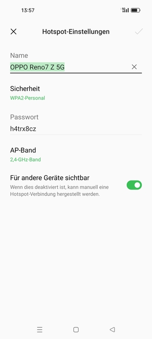 Geben Sie eine WLAN-Hotspot-Passwort mit mindestens 8 Zeichen ein und wählen Sie OK