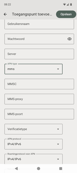 Scroll naar beneden en voer mms-gegevens in
