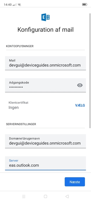 Indtast Bugernavn og Exchange serveradresse. Vælg Næste