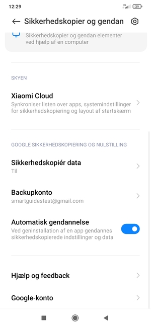 Vælg Backupkonto