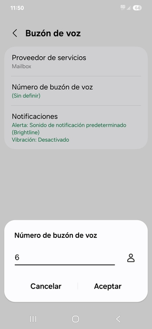 Introduzca el Número de buzón de voz y seleccione Aceptar