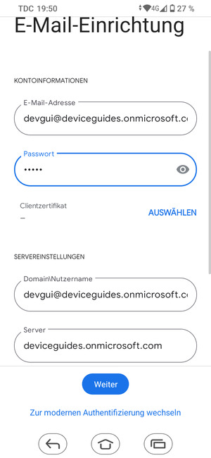 Geben Sie Benutzername und Exchange Server-Adresse ein. Wählen Sie Weiter