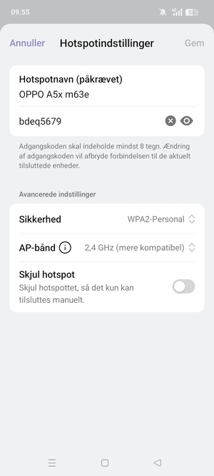 Indtast en Wi-Fi-hotspot adgangskode på minimum 8 tegn og vælg Gem
