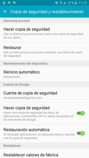 Seleccione Cuenta de copia de seguridad