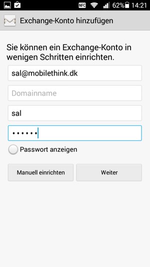 Geben Sie E-Mail-Adresse, Benutzername und Passwort ein. Wählen Sie Weiter