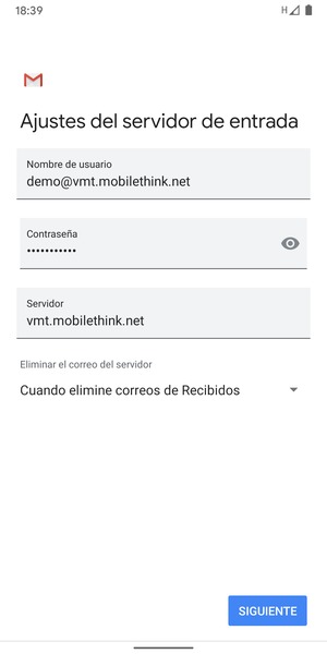 Introduzca Nombre de usuario y la dirección de servidor entrante. Seleccione SIGUIENTE