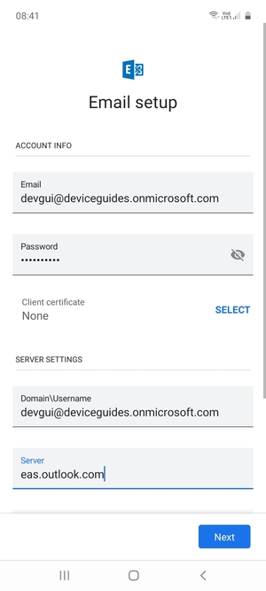 Enter Username and Exchange server address. Select Sign in