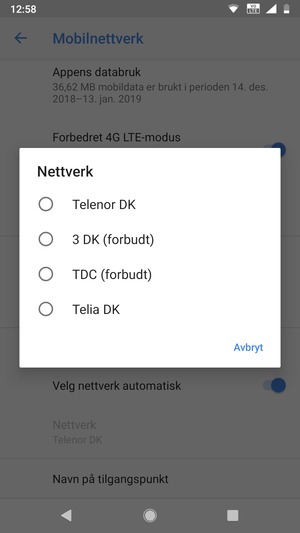 Velg en nettverksoperatør fra listen