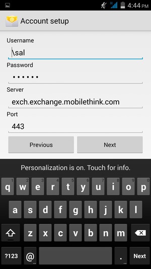 Enter Username and Exchange server address. Select Next